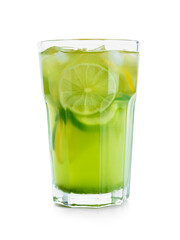 Glass with tasty lemonade on white background
