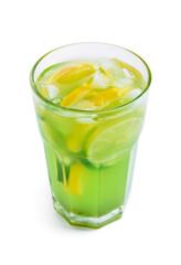 Glass with tasty lemonade on white background