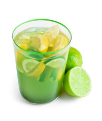 Glass with tasty lemonade on white background