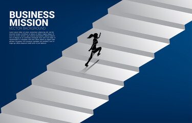 Silhouette of businesswoman running up stair. Concept of people ready to up level of career and business.