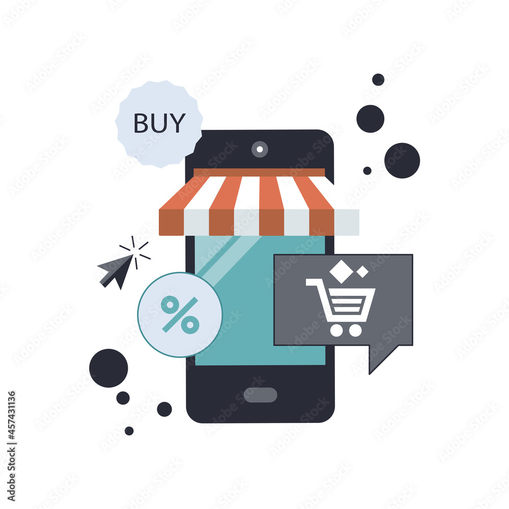 Wall mural on line shopping and payment methods. mobile payments. pay per click and online order. flat vector i