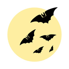 Spooky flying Vampire Bat black silhouette and big Full Moon. Halloween Night background. Scary cartoon horror vector illustration for print design, holiday party decoration, card, invitation