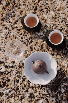 High Angle View Of Tea Ceremony On Stone