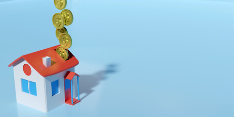 3D render saving store. Saving money store. Store business. money invest. Building invest. money income.coin stack.