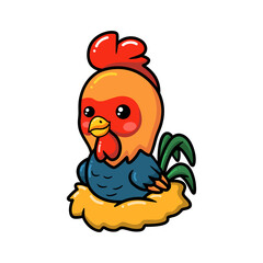 Cute little rooster cartoon sitting in a nest