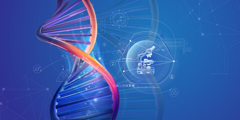 DNA double helix and infographics with microscope.