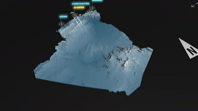 Seamless looping animation of the 3d terrain map at nighttime of Algeria with the capital and the biggest cites in 4K resolution