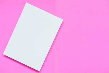 Obraz na płótnie Canvas top view of blank clean white A4 paper brochure with soft shadow on light pink paper background, flat lay.