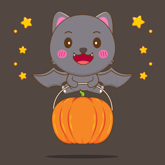 Cute cat bat with pumpkin cartoon design illustration 