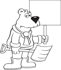 Black and white illustration of a polar bear holding a snow shovel and a sign.