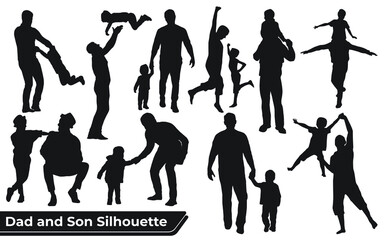 Collection of Father and son or dad and baby Silhouettes in different poses set