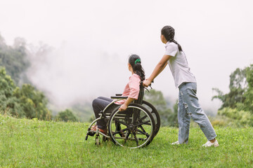 Disabled handicapped woman in wheelchair and care helper walking on mountain meadow park in sunny...