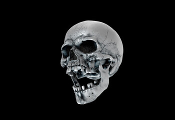 Human skull in profile face a black background. Concept art, death, horror for print, poster. Symbol of spooky Halloween, immortal, pirate. 3d rendering illustration. Graphic Design