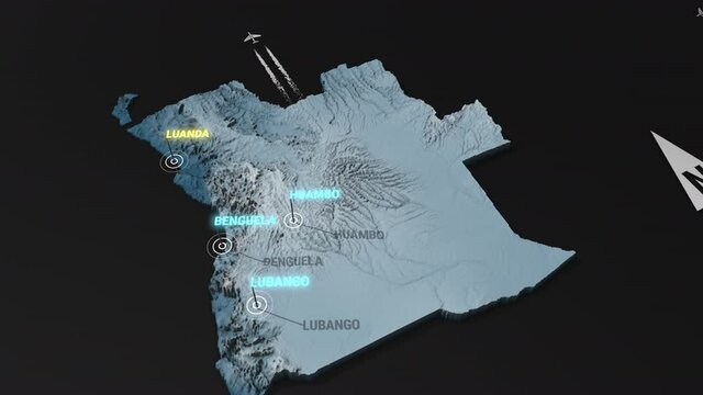 Seamless looping animation of the 3d terrain map at nighttime of Angola with the capital and the biggest cites in 4K resolution
