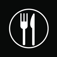 Fork and knife icon in black and white professionally
