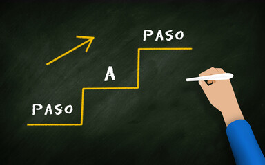 Paso A Paso Or step by Step In Spanish On Chalkboard with human hand writing and arrow upward. growth and goal achieve concept 