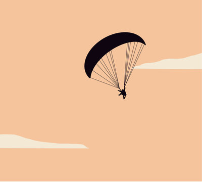 Silhouettes parachuting during sunset sky vector illustration. Skydiving, paragliding experience. Extreme sports. Active lifestyle. Outdoor activities.