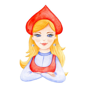 Russian princess in ancient clothes. Character of Russian tales. Watercolor illustration isolated on a white background. Perfect for avatars and stickers