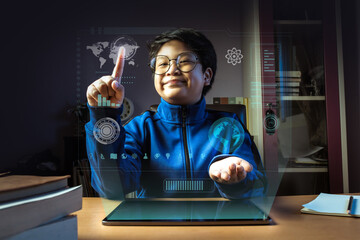 A cute Asian boy is studying online with future technology beyond imagination in his bedroom. Concept of learning in the world of the future.