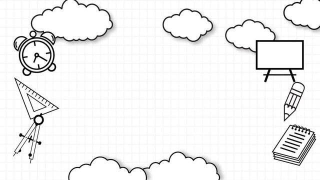 Video background, frames for educational themed video text with images of clouds, alarm clocks, pencils, notebook and whiteboard. Perfect for video intros