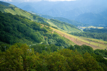 Naklejka premium 秋の紅葉が始まった長野県北安曇郡小谷村の栂池自然園の展望台までトレッキングしている風景 A view of trekking to the observatory of Tsugaike Nature Park in Otari Village, Kita-Azumi-gun, Nagano Prefecture, where the autumn leaves have begun to cha