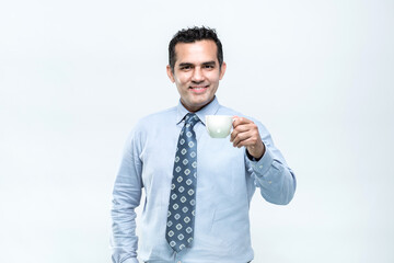 The image of an Asian male employee drinking coffee while at Blake's rest with comfort and a fresh face, on white background.