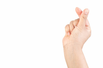 Asian woman makes her hand like a mini heart shape (Korean style) sign of love on white background