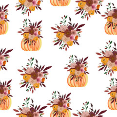 Obraz na płótnie Canvas Seamless pattern with pumpkins and flower arrangements. The composition for the design of the fabric. An illustration for a holiday, a party and invitations. Decoration for the interior. Autumn