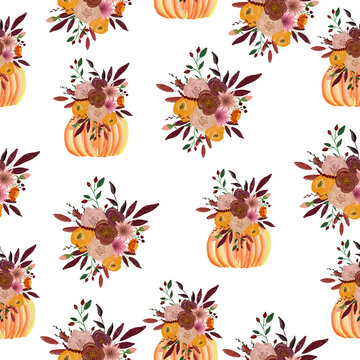 Seamless pattern with pumpkins and flower arrangements. The composition for the design of the fabric. An illustration for a holiday, a party and invitations. Decoration for the interior. Autumn