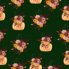 Seamless pattern with pumpkins and flower arrangements. The composition for the design of the fabric. An illustration for a holiday, a party and invitations. Decoration for the interior. Autumn