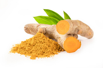 Spices and herbs ,Turmeric powder with root and leaves on white background.