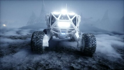 Rover on alien planet. Mars surface. Realistic 3d animation.