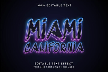 Miami california,3 dimension Editable text effect blue gradation purple pink neon modern style