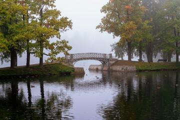 View of the cast-iron openwork bridge across the water maze channel near the White Lake in the...