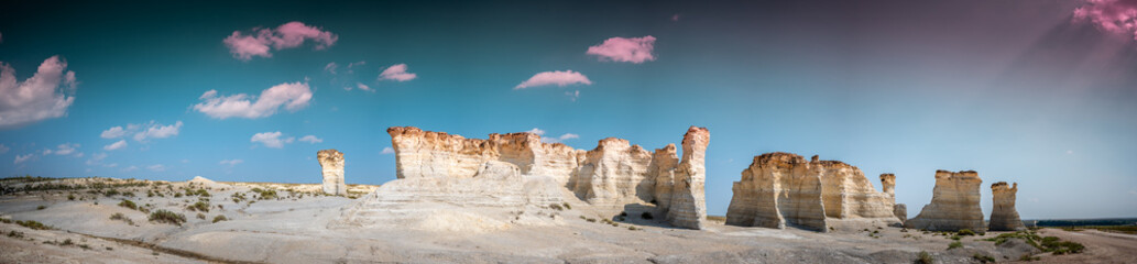 Panoramic of Monument Rocks in Grove County, Kansas. The chalk rock formation is a listed National...