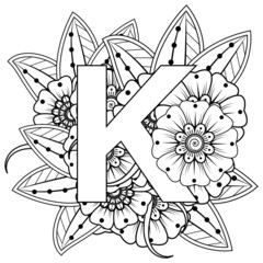 Letter K with Mehndi flower. decorative ornament in ethnic oriental style. coloring book page. 