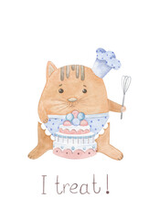 Cute sitting kitten- cook watercolor portrait. Hand drawn watercolor illustration