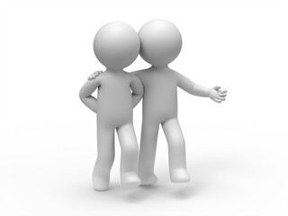 3d people walking with two hands behind and a friend. 