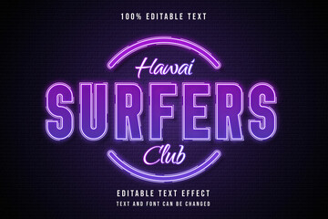 Hawaii surfers club,3 dimensions editable text effect pink gradation purple neon text style