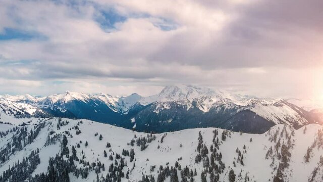 Cascade Mountains Aerial Hyperlapse with Clouds Rolling Over Snowy Mt Shuksan