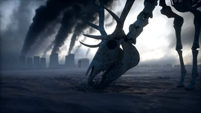 Ecology pollution concept. Dirty dark atmosphere. Deer skeleton. Ecological problem. Factory smoke.