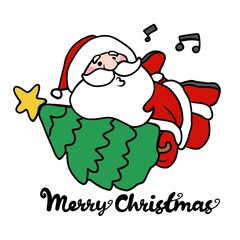 Santa Claus hinging Christmas tree cartoon vector illustration