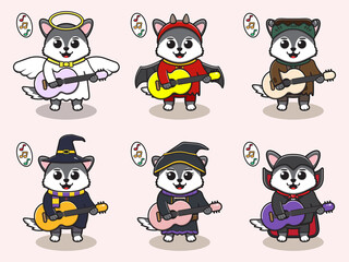 Vector illustration of cute Wolf play Guitar. Wolf character vector design. Good for label, sticker, clipart.