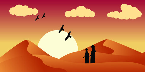 the desert wallpaper with two lady and sunset view.