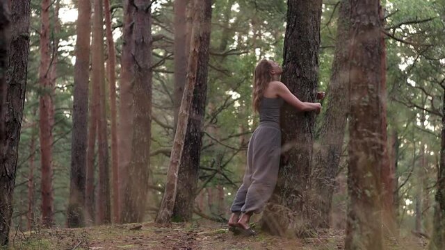 Girl walking up to a tree in a forest and hugging it. Tree hugging. Reconnecting with nature, conscious, sustainable living in the country. Walking in the woods.
