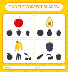 Find the correct shadows game with fruits. worksheet for preschool kids, kids activity sheet