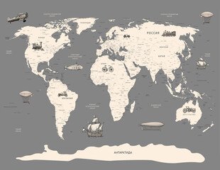 image for photo wallpapers and murals. Children's world map with animals. Children's world map with airplanes.