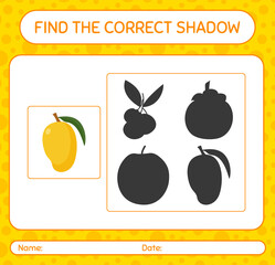 Find the correct shadows game with mango. worksheet for preschool kids, kids activity sheet