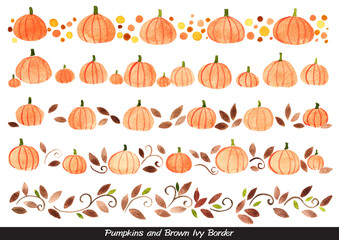 Pumpkins and brown ivy border watercolor for decoration on Halloween festival.