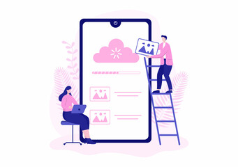 Upload Image Background of Online Devices Information and Data to Social Networks with Cloud Service or Loading Concept Vector Illustration